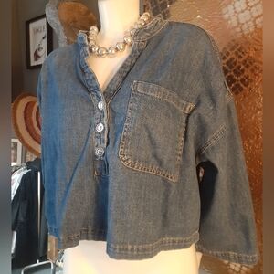 Zara Denim Button-Front Cropped Shirt - Blue